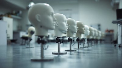 Mannequin training heads on stands in a cosmetology school