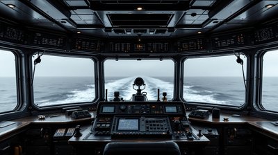 A ship's bridge console looking out over open sea