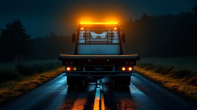 The rear of a flatbed recovery truck on a wet road at night