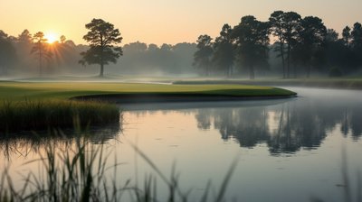 A golf course water hazard at dawn