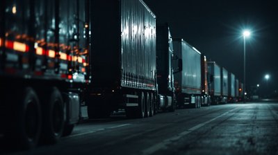 A row of parked tractor-trailers at a truck stop at night