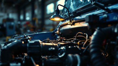 The open engine bay of a heavy truck under an inspection lamp