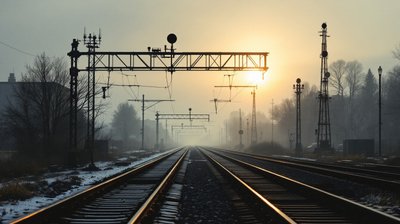 A rail yard at dawn with switch points and signal gantries
