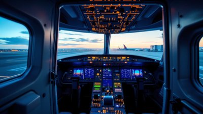 The flight deck of a parked airliner at dawn, throttle quadrant and overhead panel