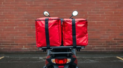 Two insulated red food delivery bags strapped to a scooter rack against a brick wall
