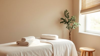 A massage therapy treatment room with a linen-draped table and folded towels