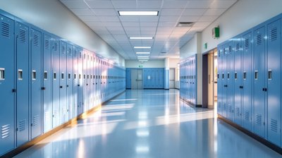 A school corridor lined with pale blue lockers and polished flooring