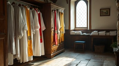 A church vestry with white surplices and coloured stoles hanging on a rail