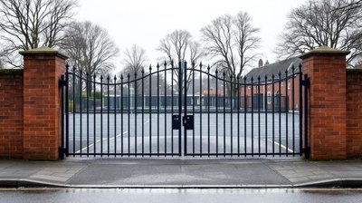 The closed front gates of a brick primary school seen from the pavement