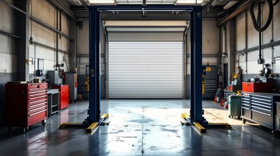 An automotive repair bay with an empty two-post lift and tool chest