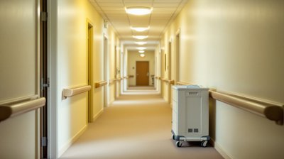 A care home corridor with handrails, doors ajar and a linen trolley