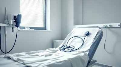 A clinic examination room with a paper-covered couch and blood pressure cuff
