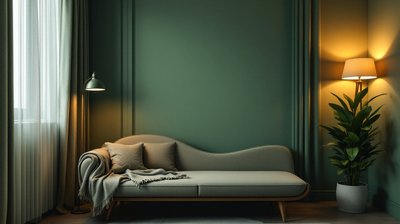 A psychotherapy consulting room with a low couch, floor lamp and drawn curtains