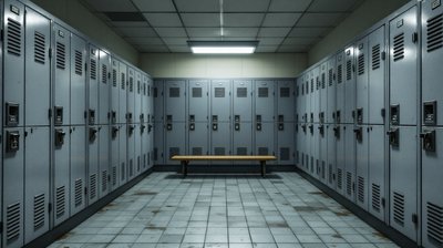 A police station locker room with tall grey lockers and a wooden bench