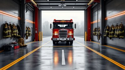 A fire station apparatus bay with the engine in and turnout gear on the wall