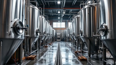 A craft brewery cellar with a row of stainless conical fermenters