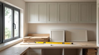 A kitchen mid-installation with carcass units in place and cabinet fronts stacked