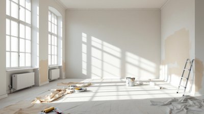 A large empty room mid-decoration with dust sheets, roller tray and stepladder