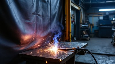 A welding bay in a fabrication shop with a torch resting on a steel bench