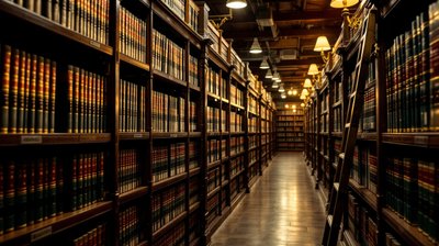 A law library aisle of bound case reports with a rolling ladder