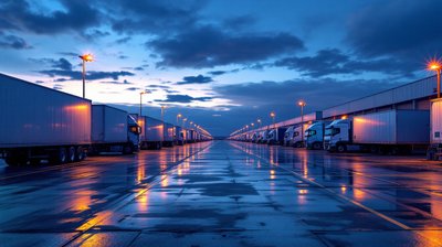 A freight terminal yard at dusk with rows of trailers at loading docks