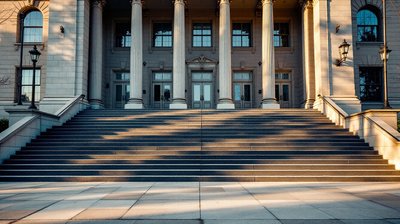 The stone steps and columned portico of a county courthouse in late afternoon