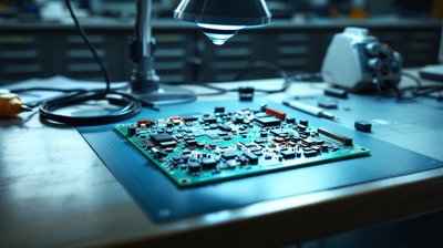 An electronics laboratory bench with a bare circuit board under a magnifier lamp