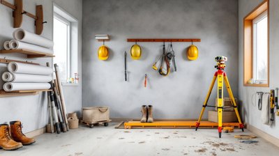 A civil engineering site cabin with rolled drawings, hard hats and a survey tripod