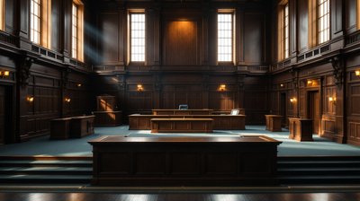 An empty courtroom seen from the public gallery with the judge's bench in dark timber