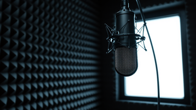 A condenser microphone on a boom arm inside an acoustically treated recording booth