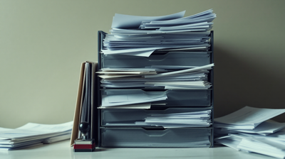 A tower of paper in-trays overflowing with printed forms