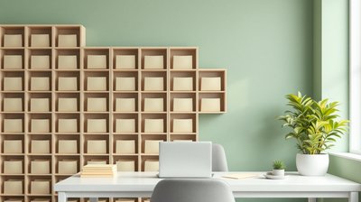 A human resources office with wooden pigeonholes, personnel folders and a closed laptop