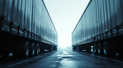 Two parked articulated lorry trailers seen from the gap between them in a haulage yard at dawn