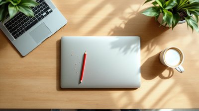 A closed laptop with a red editing pencil on a light oak desk beside a cup of coffee