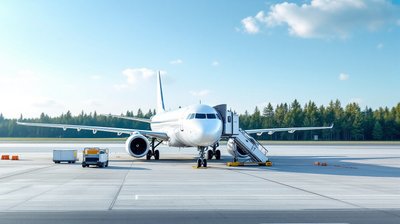A white regional jet parked at an airport stand with ground service equipment