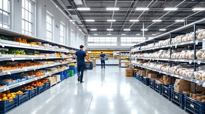 A bright new supermarket aisle with store staff in navy polos stocking shelves