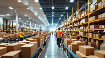 Seasonal workers in hi-vis vests sorting parcels on conveyor belts in a large warehouse