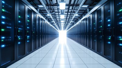 Long AI data centre aisle with server racks