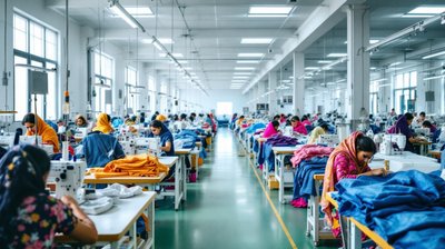 A bright garment factory with rows of sewing machines and women workers in the distance