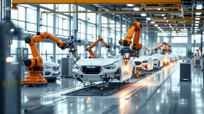 Robots welding SUV body shells on a bright car assembly line