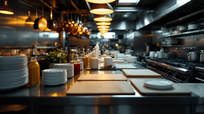 A restaurant kitchen line prepped and waiting for service