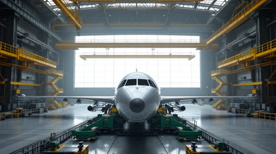 An aircraft fuselage and wing section held in an assembly jig inside a vast aircraft assembly hall