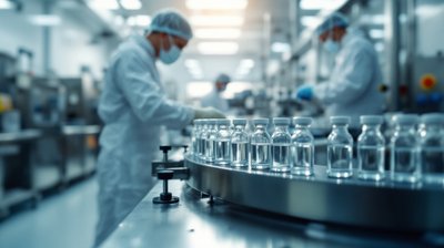 Pharma clean room filling vials, suited technicians far off