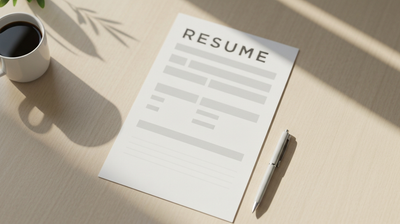 A single finished resume on a tidy desk with a pen and coffee, evoking a first resume ready to send.