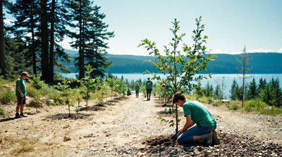 Student summer workers planting trees by a Canadian lake, small in frame