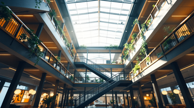 Co-working atrium at first light, open staircase rising through planted balconies under a glazed roof