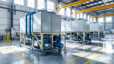 Rows of large industrial water chillers with blue pipework on assembly stands in a bright factory hall