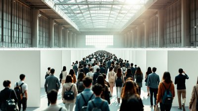 Young job seekers walking between booths at a large graduate job fair hall