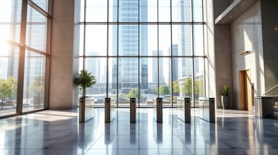 Empty Uptown Charlotte office tower lobby in morning sun