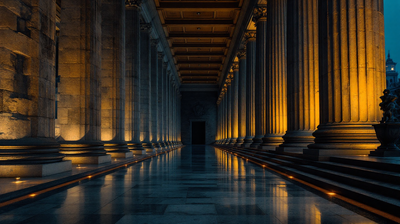 Deserted neoclassical stone colonnade at blue hour, wet paving reflecting warm lamplight between columns